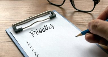 Selective focus of glasses, pen, clipboard and paper with the word priorities written on it