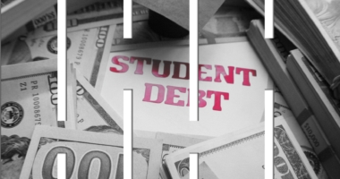 graphic of money with bars and the word student debt superimposed on top