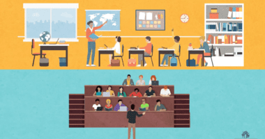 Graphic of two teachers in different classrooms teaching diverse groups of students