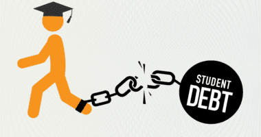 Stick figure with ball and chain representing student debt