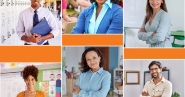 A collage of a diverse group of male and female teachers in the school setting